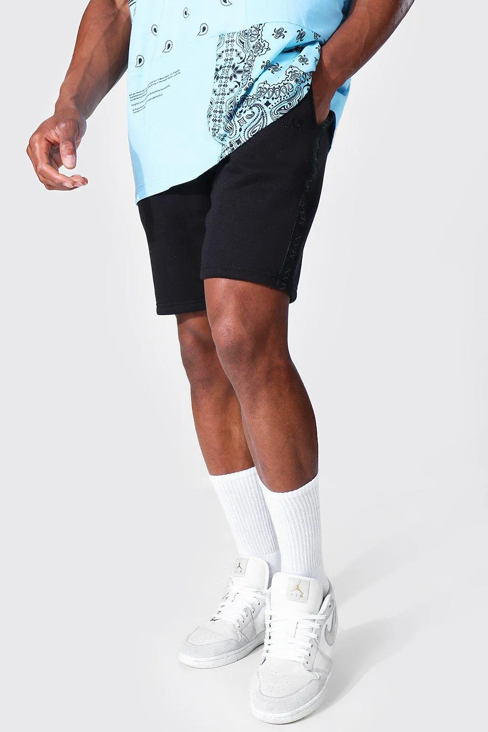 Slim Fit Man Roman Tonal Tape Jersey Short | boohooMAN UK