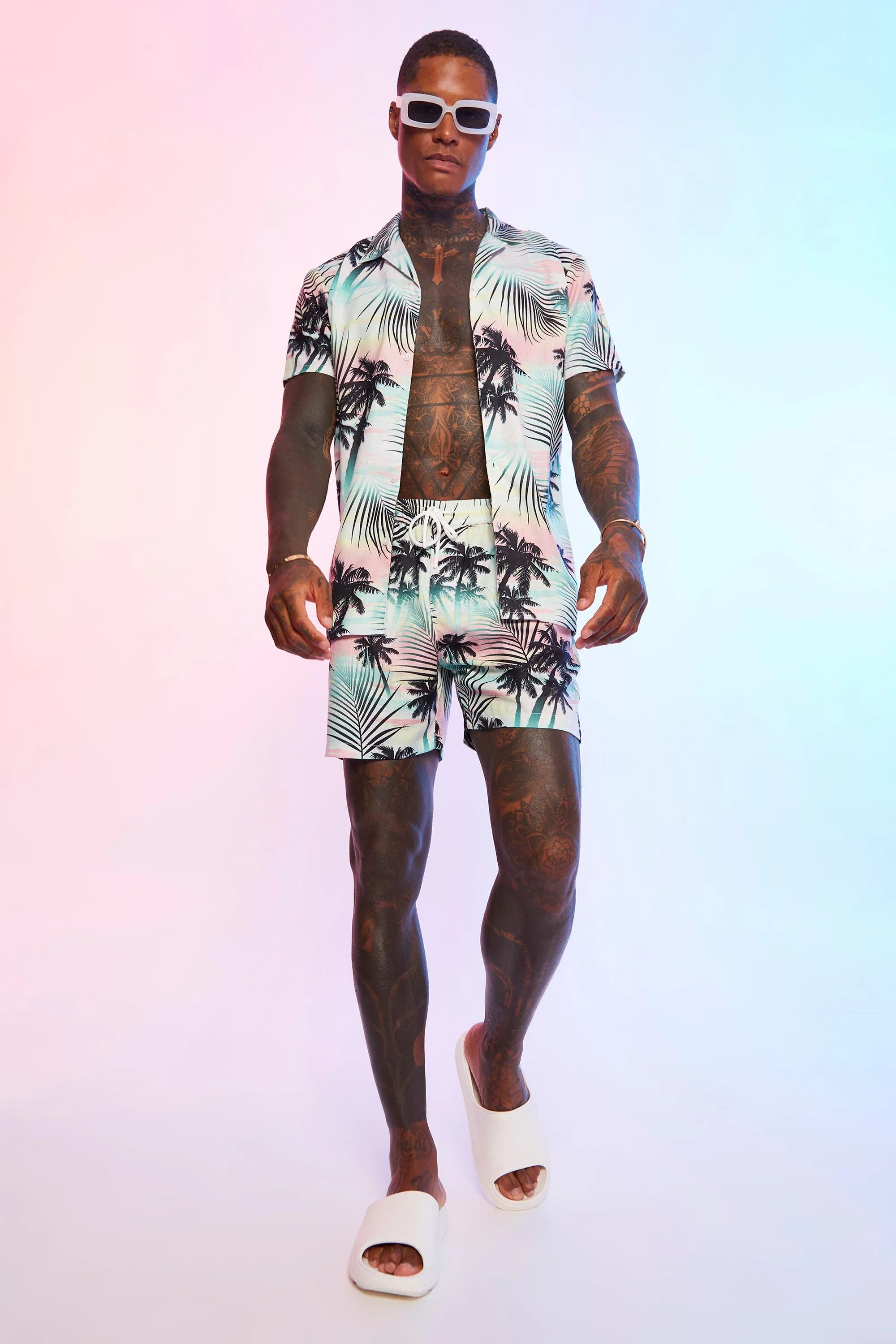 Slub Textured Palm Shirt And Shorts Set | boohooMAN UK